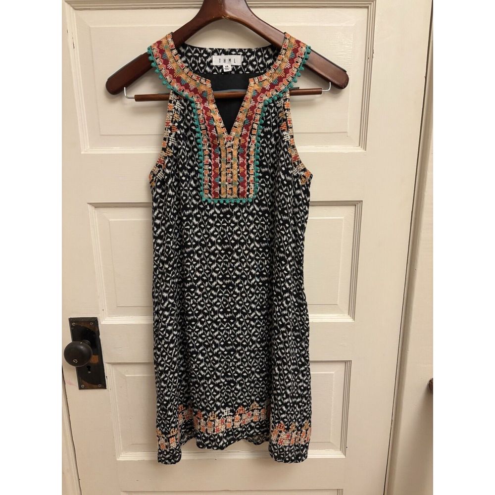 Thml Embroidered Boho V-Neck Sleeveless Black Knee Length Dress Lined Xs $74